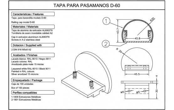 Tapa barandilla aluminio 40x60