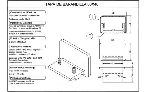 Tapa barandilla aluminio 40x60