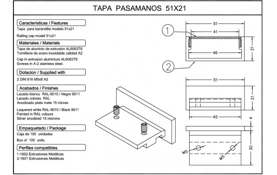 Tapa barandilla 51x21